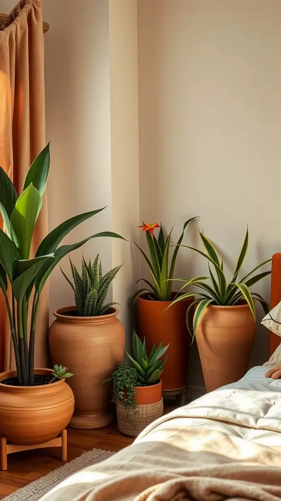 A cozy bedroom corner featuring various plants in terracotta planters, showcasing earthy tones and a calming atmosphere.