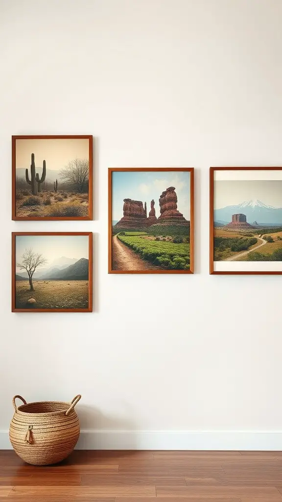 Earthy wall art featuring nature landscapes in wooden frames on a wall.