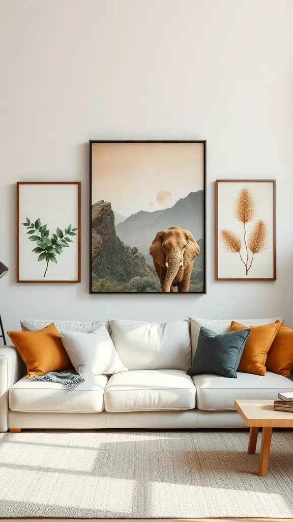 Earthy wall art featuring an elephant and botanical illustrations