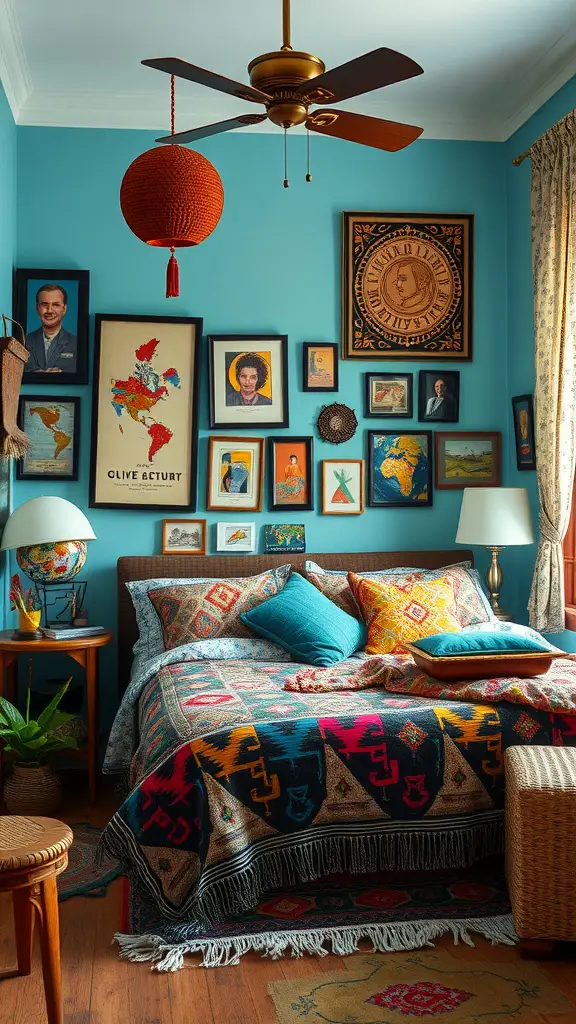 A vibrant and eclectic teen boy's bedroom featuring blue walls, colorful bedding, and a variety of global art pieces.