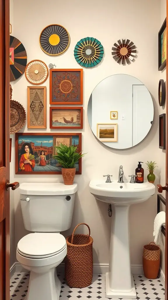 A bathroom featuring an eclectic mix of wall art, including framed pictures and woven pieces, with a white bathtub and a warm, earthy aesthetic.