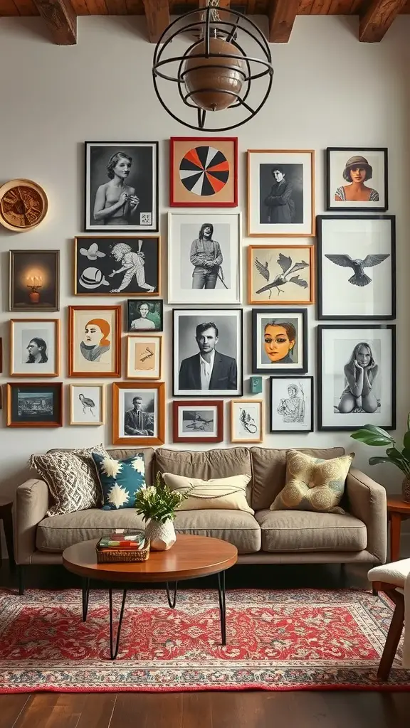 An eclectic wall art arrangement featuring various framed artworks in a cozy living room, showcasing different styles and subjects.