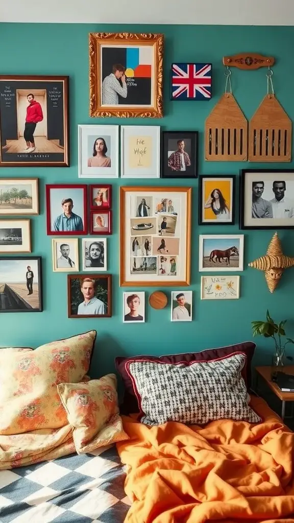 Eclectic wall art display featuring various framed photographs, paintings, and decor items