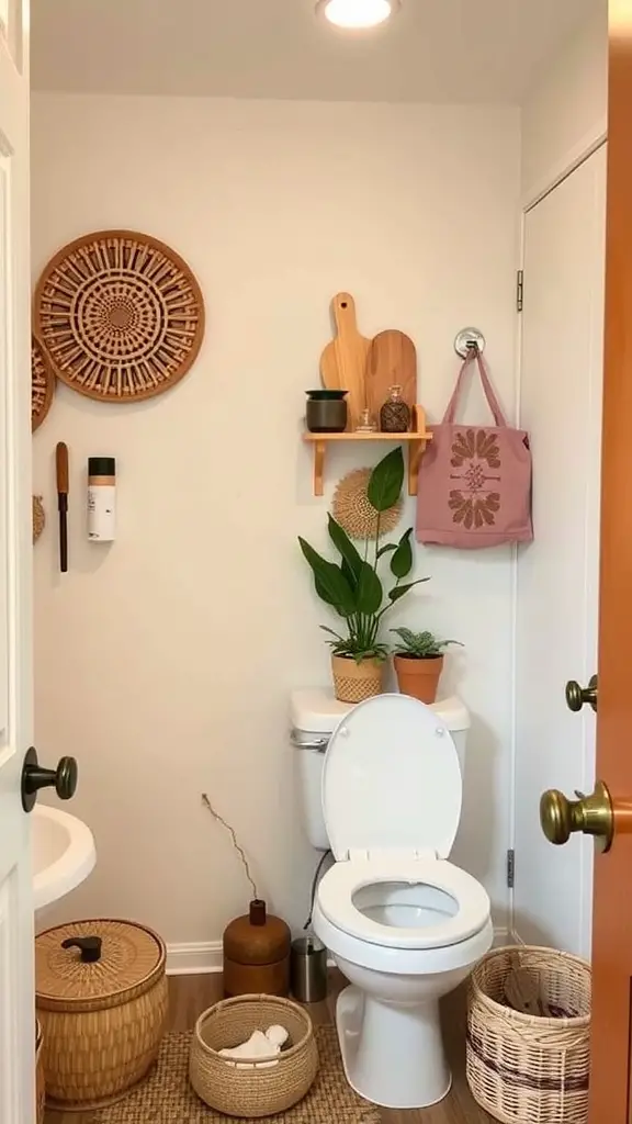 A cozy half bathroom featuring natural decor elements such as woven wall art, plants, and wooden accents.