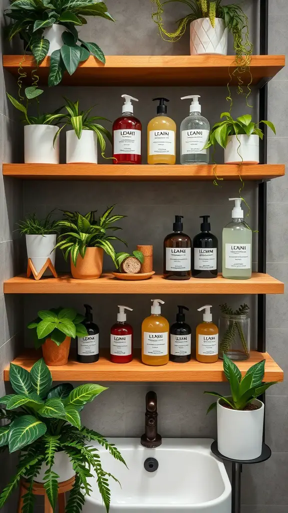 Shelves with eco-friendly bath products and green plants in a bathroom setting.