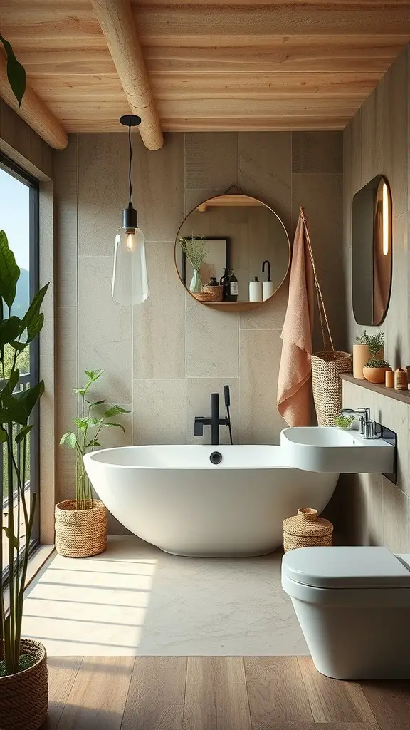 A stylish bathroom featuring eco-friendly materials, including wooden beams, stone walls, and plants.