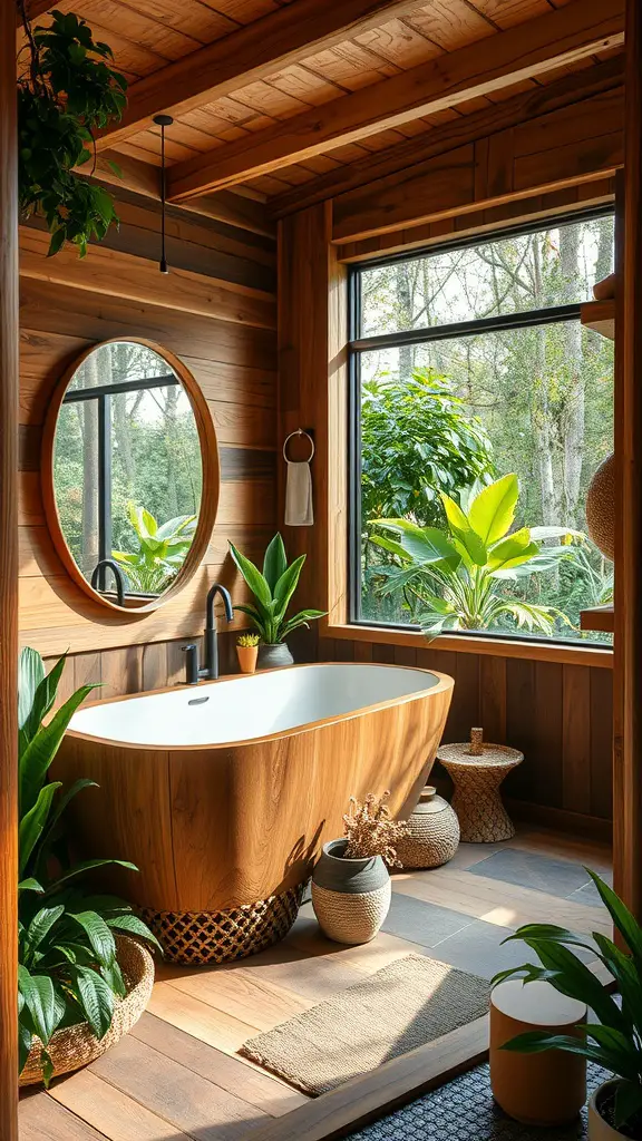A serene bathroom with a stone bathtub surrounded by plants and wooden walls.