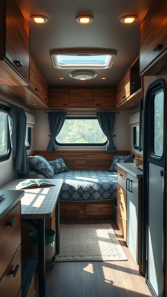 Interior of a small camper with efficient lighting solutions, showcasing natural light from a skylight and artificial lights.