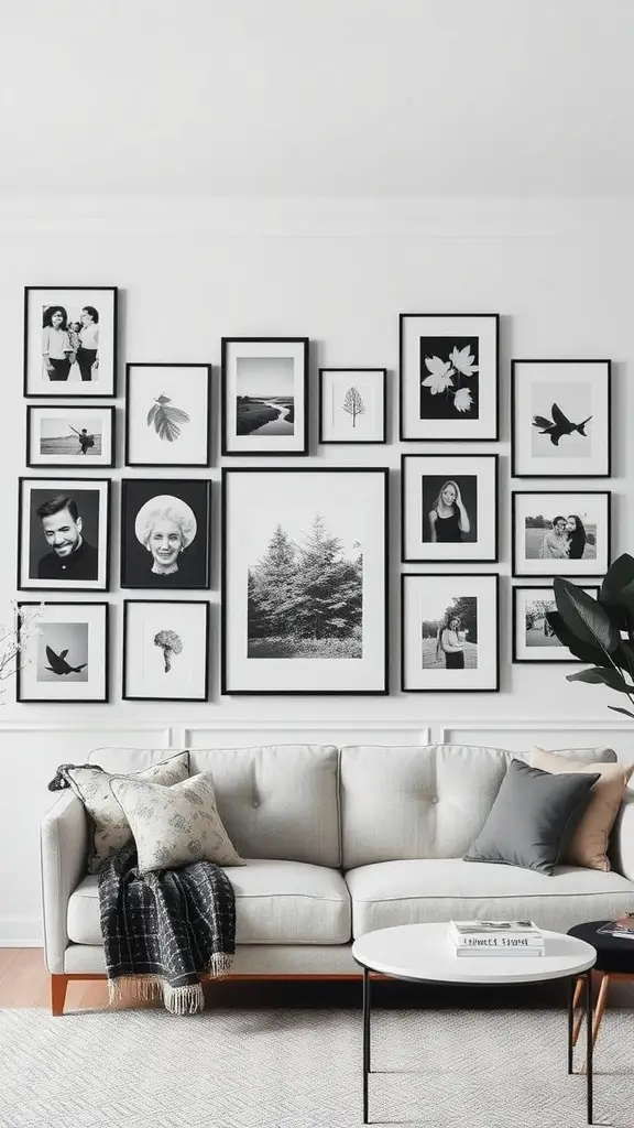 A black and white gallery wall featuring various framed photos and art above a cozy sofa.