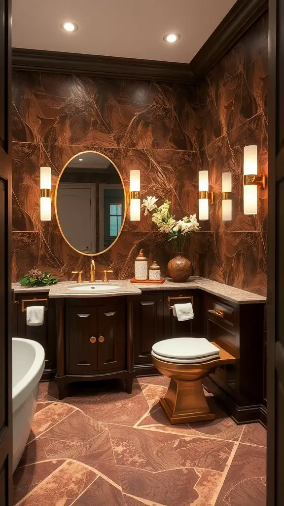 A stylish bathroom showcasing a chocolate and gold color scheme with dark cabinetry, patterned floor tiles, and elegant gold accents.