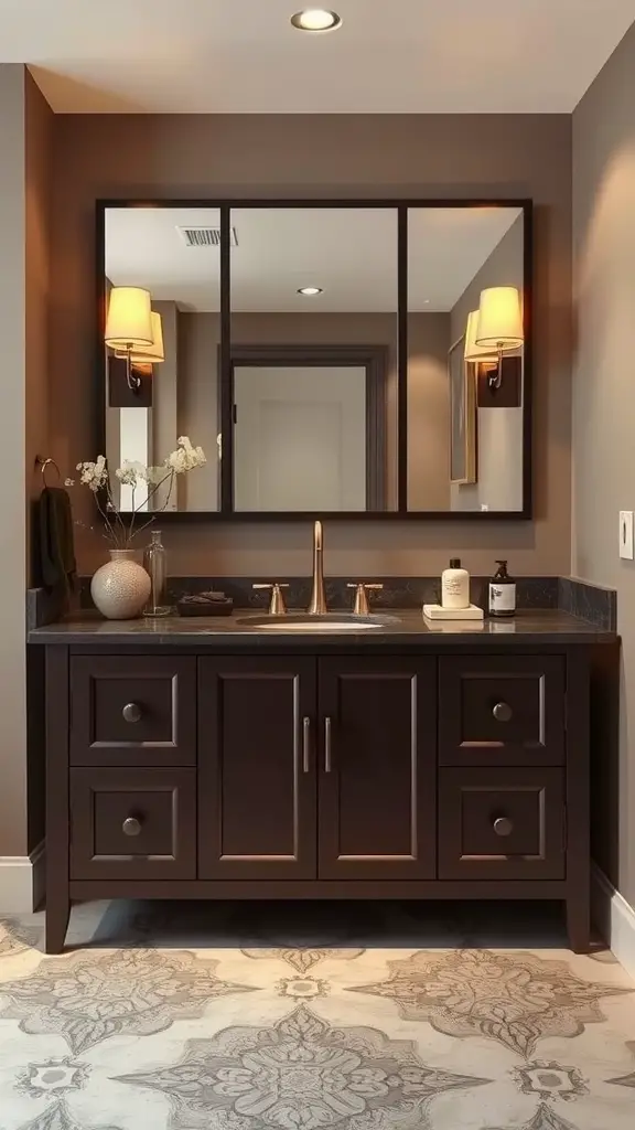 Chocolate brown bathroom vanity with mirrors and soft lighting.