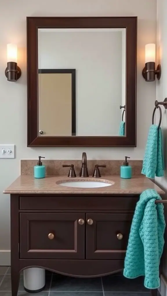 A chocolate vanity with teal accessories in a bathroom, featuring a mirror and warm lighting.
