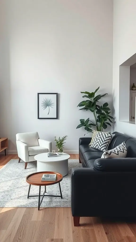 A stylish living room featuring black and white furniture with a modern aesthetic.