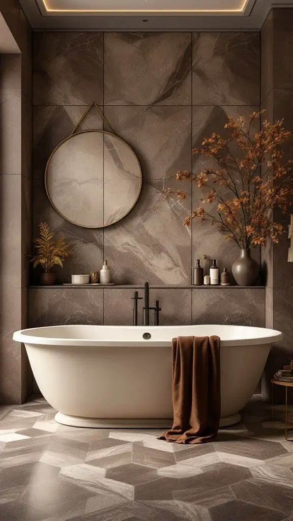 A cream bathtub as a focal point in a brown-themed bathroom, featuring towels and elegant decor.