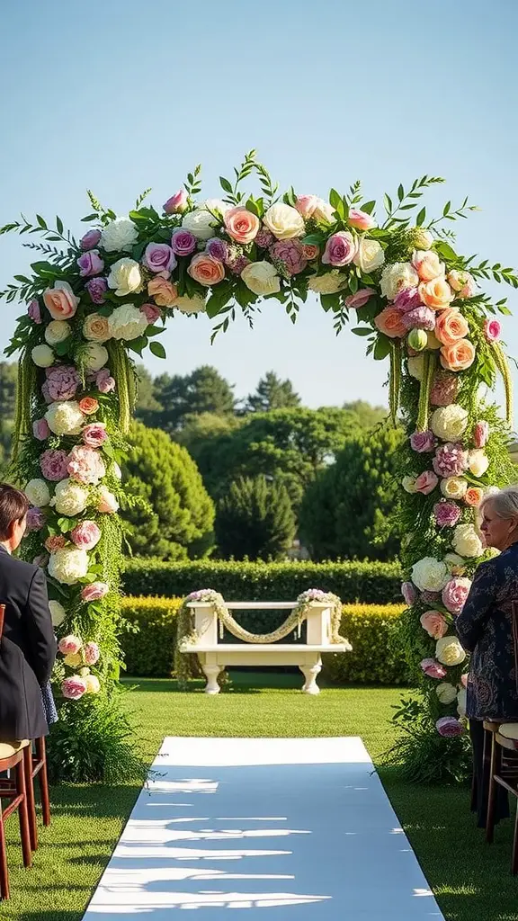 A beautifully decorated floral arch with roses and greenery, set up for a wedding ceremony.