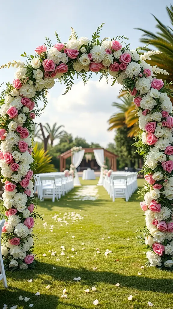 A floral arch made of pink roses and white flowers at a wedding ceremony
