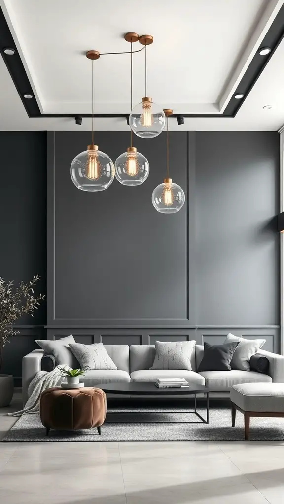 Stylish grey and white living room with modern light fixtures