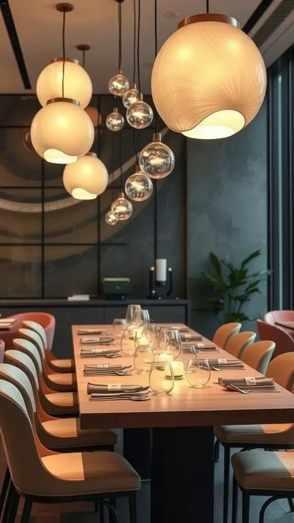 A stylish dining area featuring elegant pendant lighting with organic shapes, showcasing a mix of round and clear light fixtures.