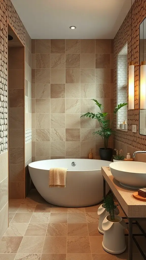 A stylish bathroom featuring pebble borders, warm-toned tiles, a modern bathtub, and decorative plants.