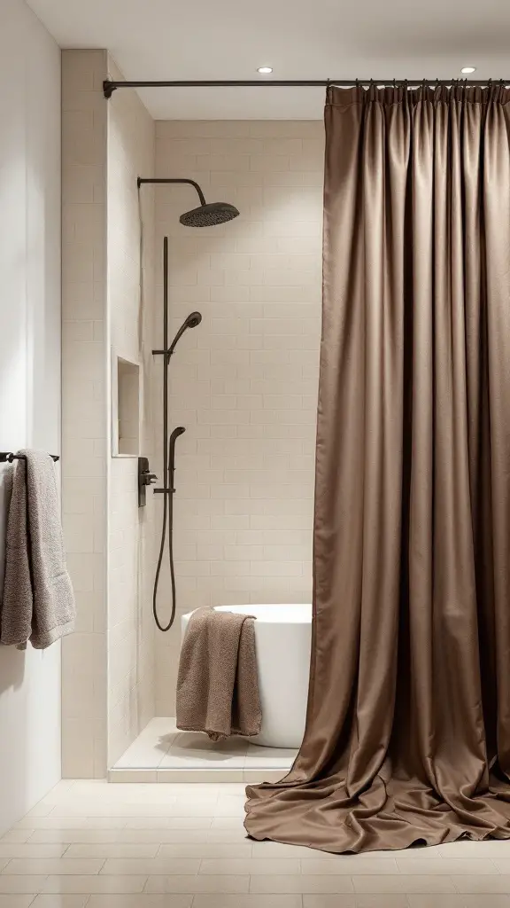 A chocolate shower curtain in a modern bathroom setting
