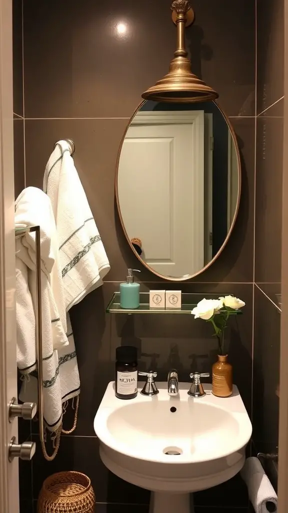 Stylish half bathroom with elegant towel and accessory displays, featuring neutral tones and natural materials.