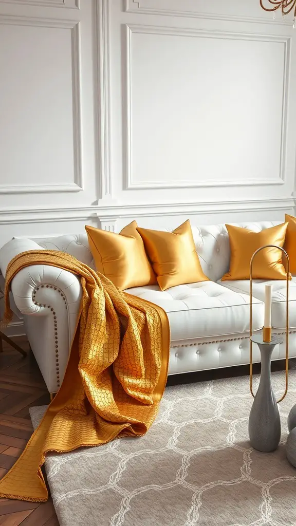 White sofa with gold pillows and throw, set in a stylish living room
