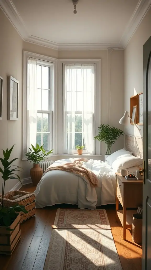 A bright and cozy tiny bedroom featuring large windows, soft bedding, and plants.