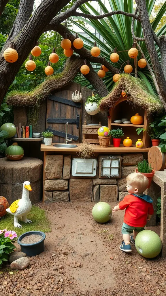An enchanted fairy garden mud kitchen with a small child playing, featuring colorful decor and a cozy setup.