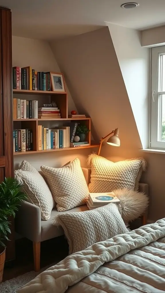 A cozy reading nook with a window, bookshelf, and comfortable pillows.