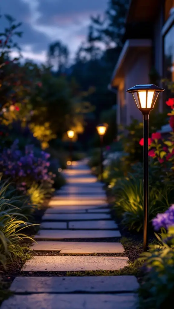 A beautifully lit pathway showcasing outdoor lighting in a garden.