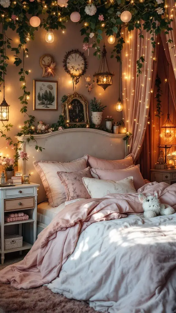 A cozy, fantasy-themed bedroom featuring pink decor, fairy lights, and whimsical accents.