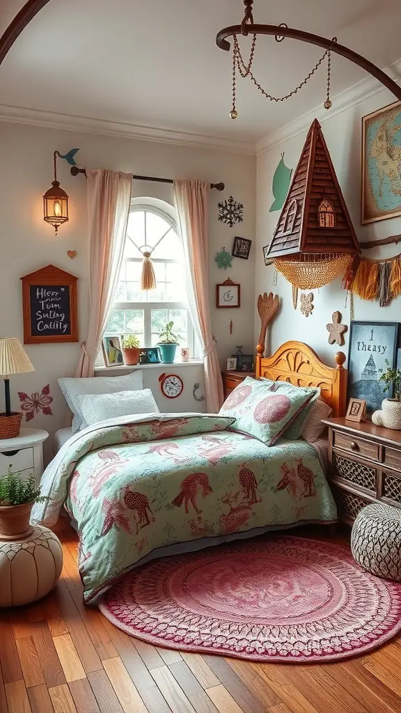A cozy bedroom designed with a fantasy adventure theme, featuring playful decor, a colorful quilt, and whimsical accents.