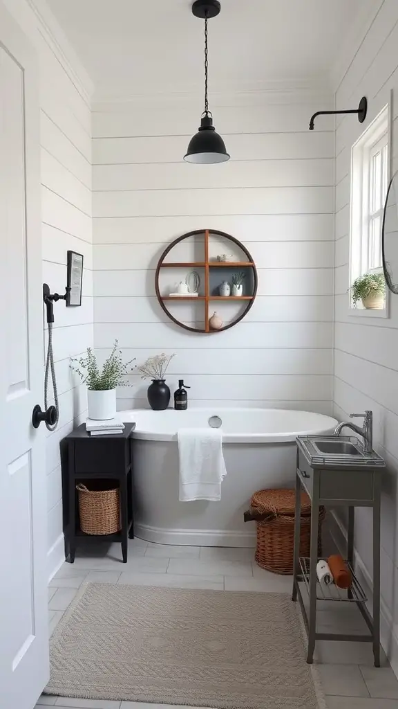 Farmhouse style black and white bathroom with shiplap walls, a freestanding tub, and stylish storage solutions.