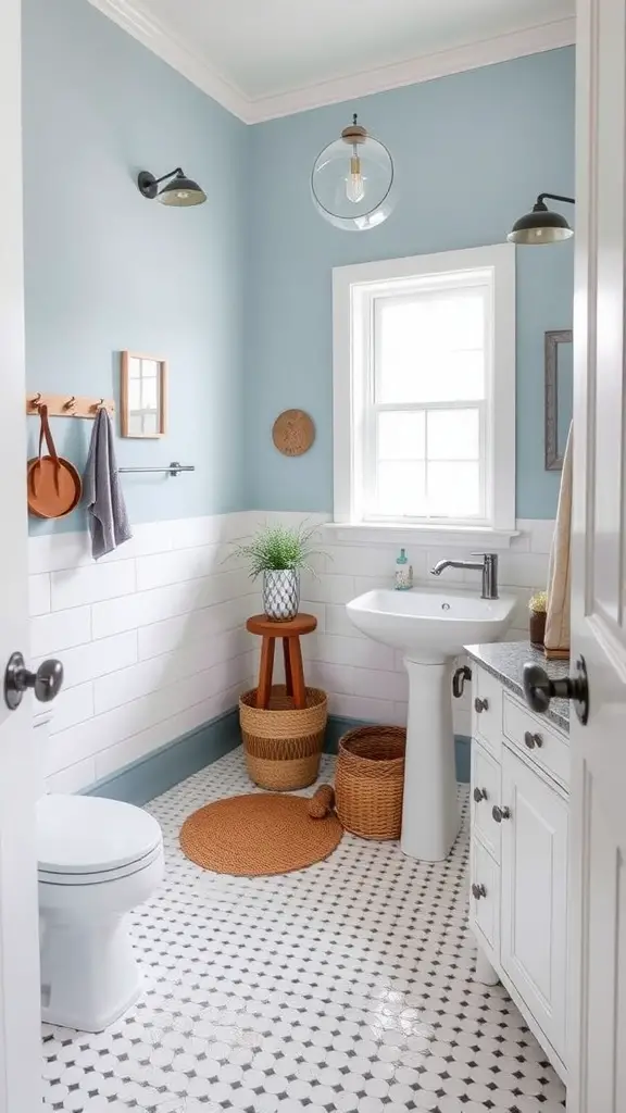 A farmhouse-style bathroom featuring soft blue walls, white wainscoting, and natural elements.