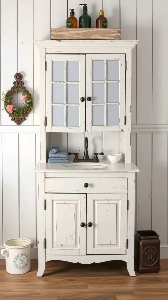 A rustic farmhouse style vanity with a white distressed finish, glass-paneled doors, and a wooden tray with bottles on top.