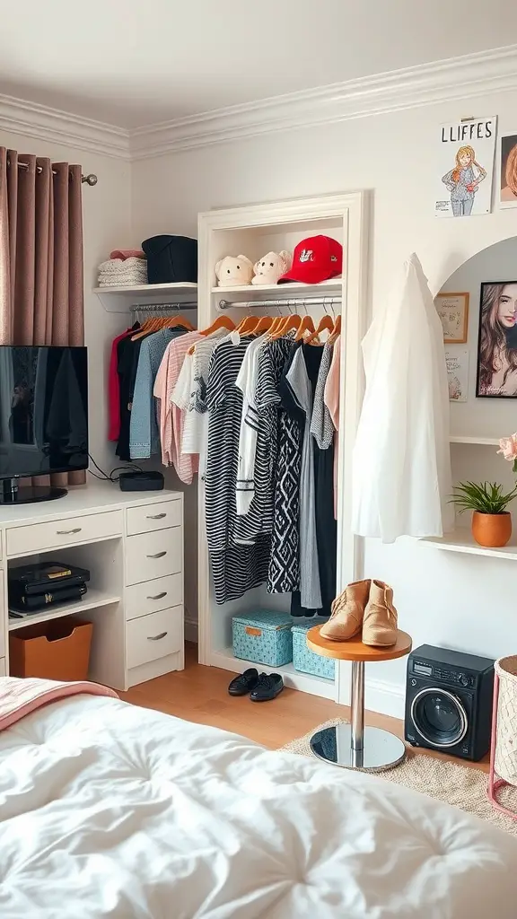 A stylish teenage dressing corner with organized clothes, a stool, and decorative items.