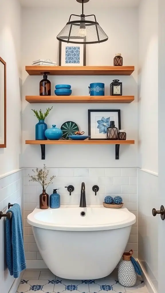 A stylish bathroom featuring floating shelves with blue and brown decor, a freestanding white bathtub, and dark gray walls.