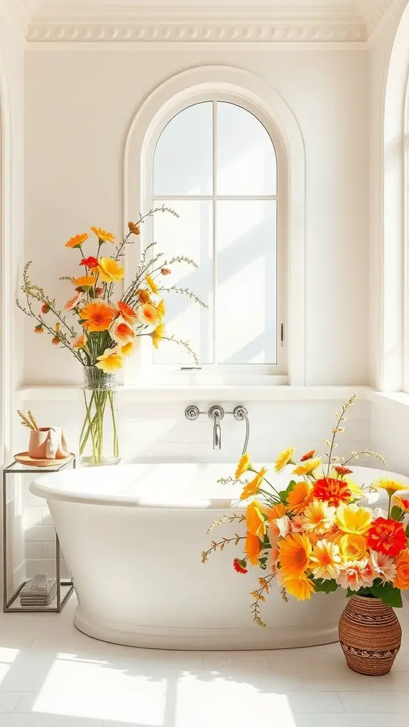 A bright bathroom featuring colorful floral arrangements in vases, creating a cheerful and serene atmosphere.