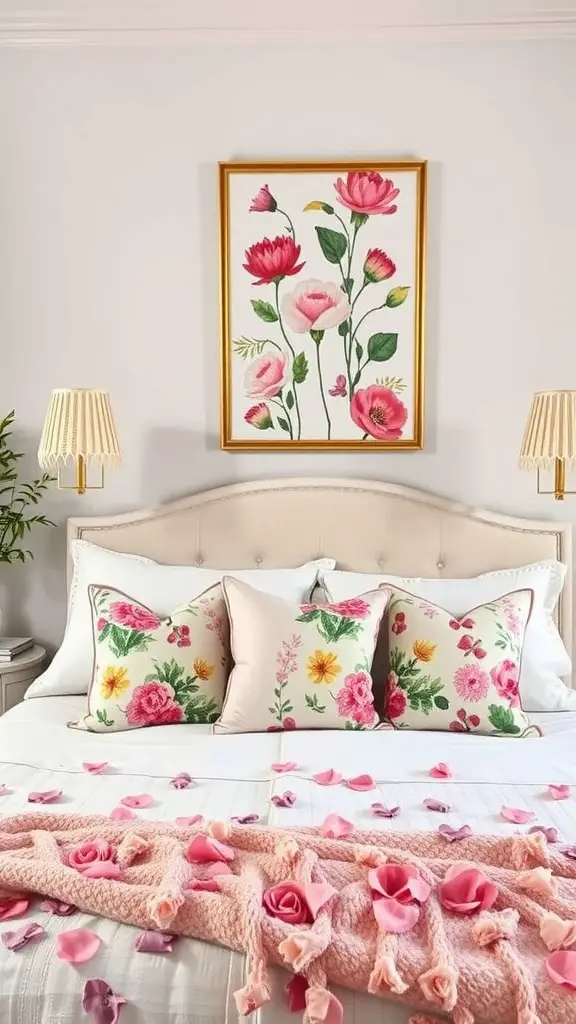 A cozy bedroom with floral decor accents including pillows and a framed floral artwork.