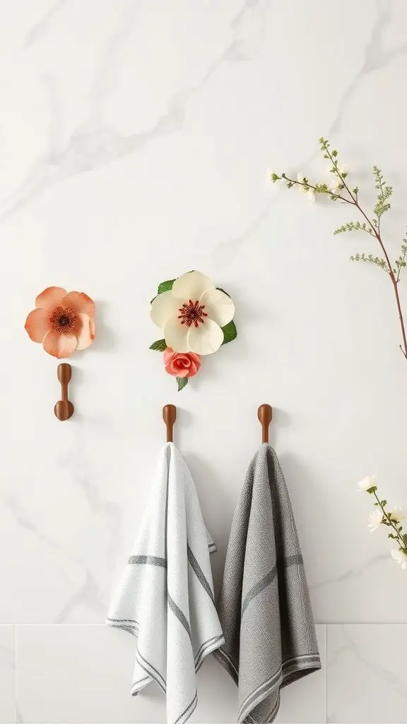 Floral inspired towel hooks on a marble wall, displaying two towels hanging elegantly.