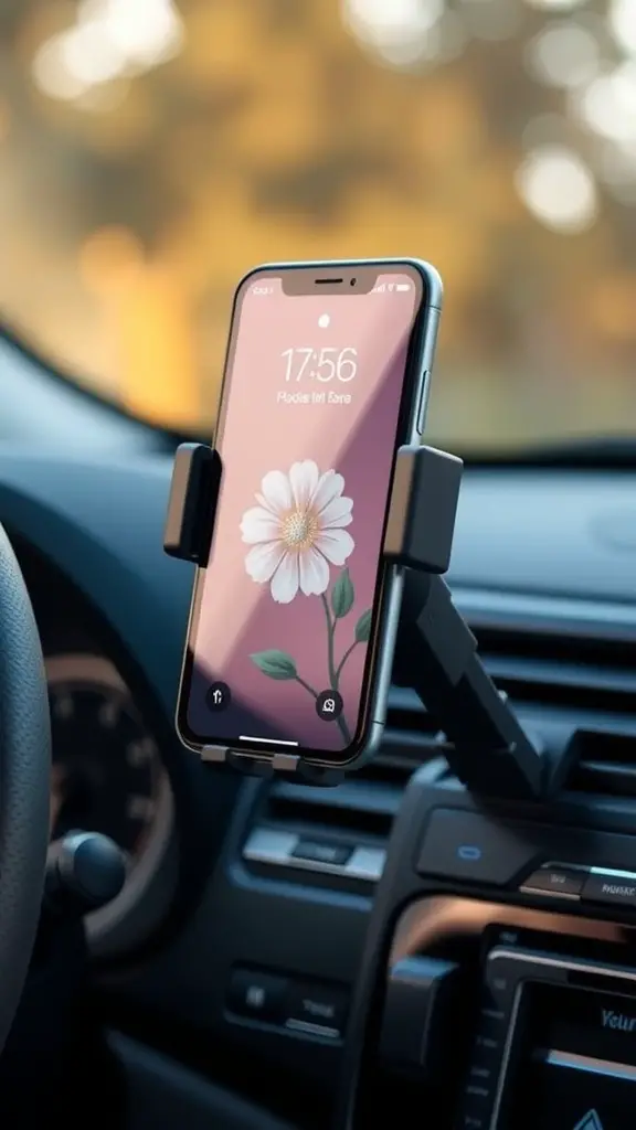 A floral phone mount holding a smartphone in a car, showcasing a stylish and functional accessory.