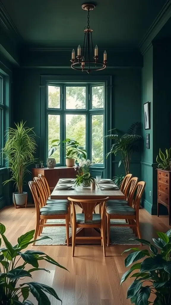 A dining room featuring forest green walls, a wooden table, and light oak furniture, surrounded by plants.