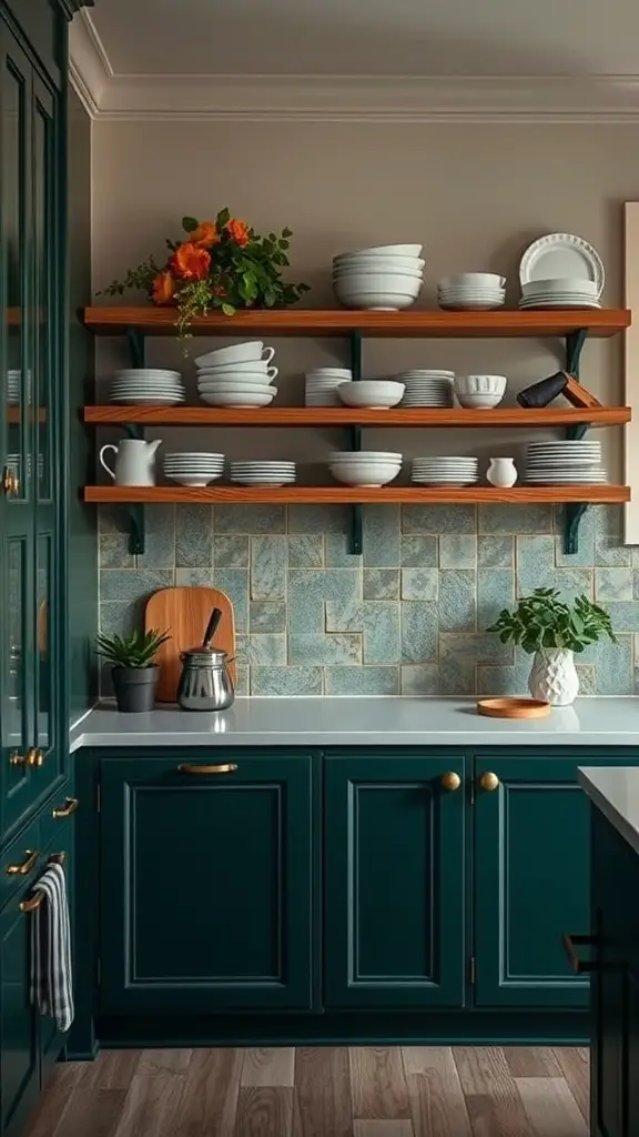 A kitchen with forest green cabinets and open wooden shelves displaying white dishware and plants.