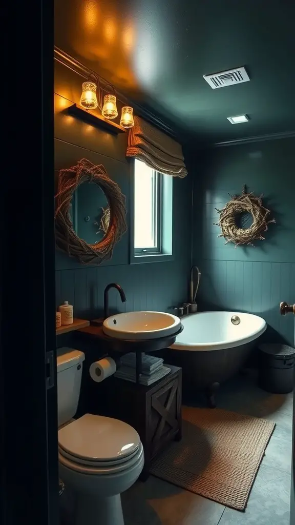 Cozy bathroom with forest green walls, wooden accents, and natural decor.