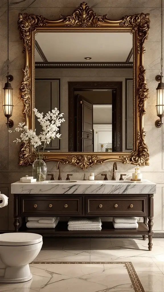 A bathroom featuring a large ornate framed mirror over a wooden vanity with soft lighting and floral decor.