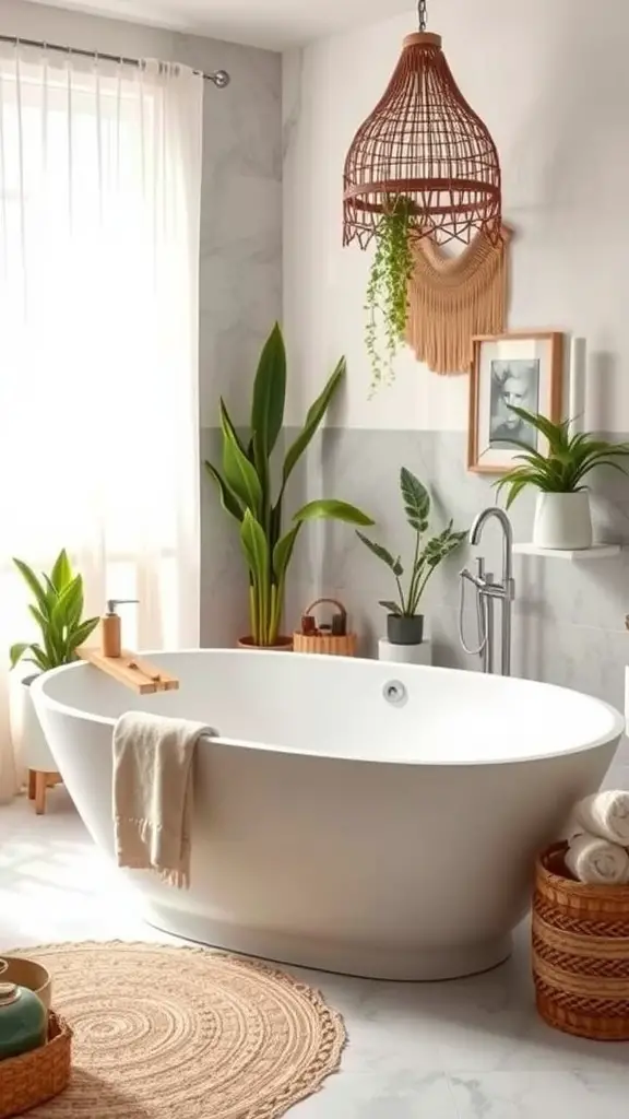 A stylish freestanding bathtub surrounded by plants and natural decor in a boho style bathroom.
