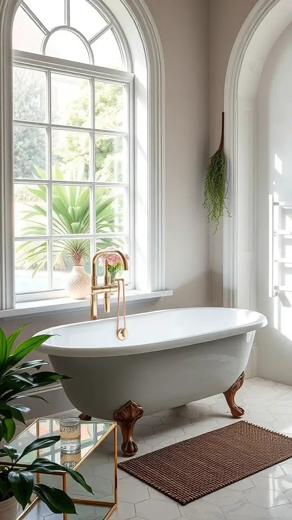A freestanding bathtub in a well-lit bathroom surrounded by plants
