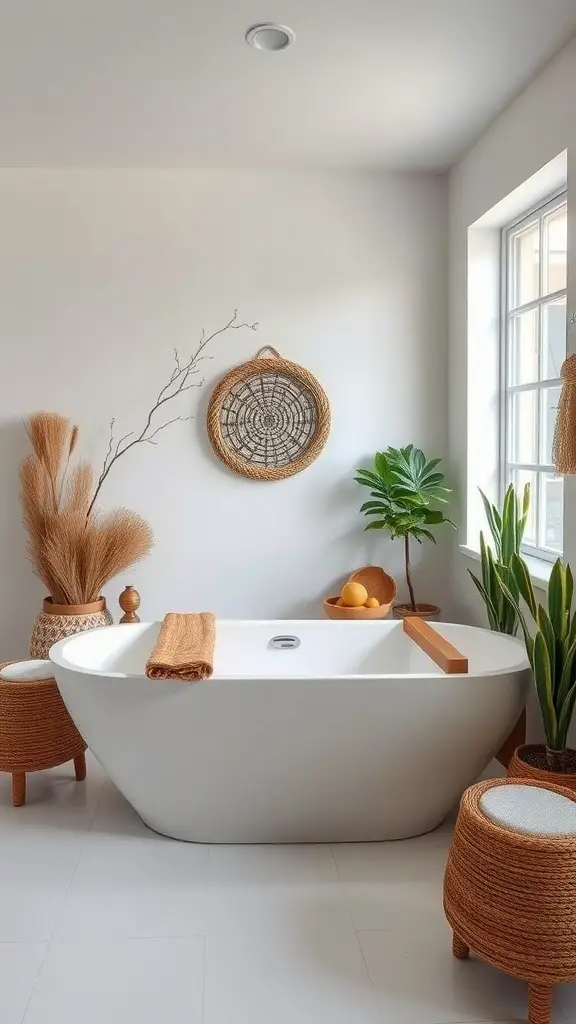 A stylish freestanding white bathtub with natural accessories and plants in a modern bathroom.