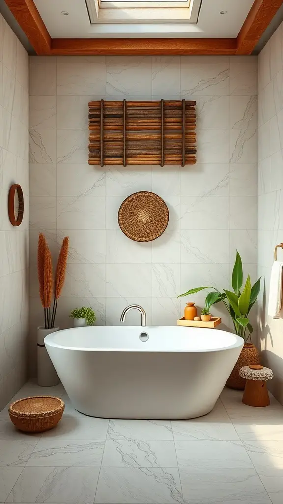 Cozy bathroom with a freestanding bathtub, natural decor, and wooden accents.