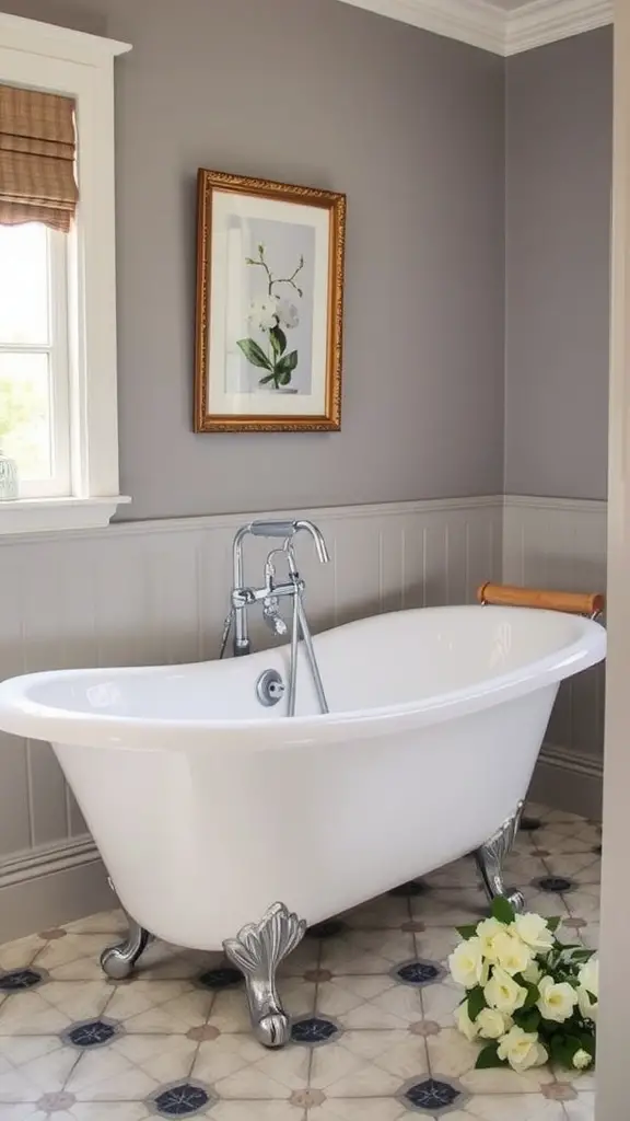 A beautifully designed freestanding bathtub with claw feet in a bright bathroom setting